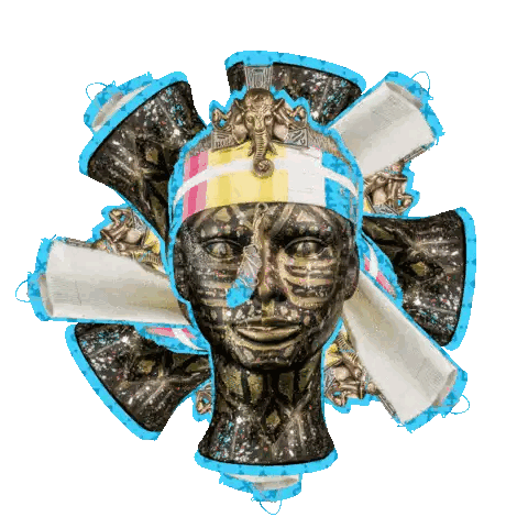 a statue of a man with a crown on his head is surrounded by newspapers