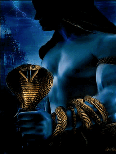 A Statue Of A Man With A Snake In His Hand GIF