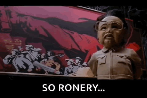 A Statue Of A Man With Glasses Is Standing In Front Of A Painting Of Soldiers And The Words `` So Ronery '' GIF