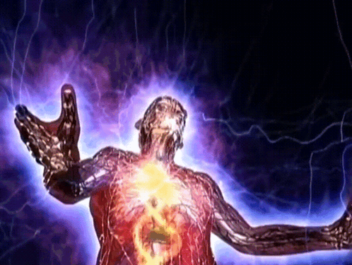 A Statue Of A Man With His Arms Outstretched And A Lightning Bolt Behind Him GIF