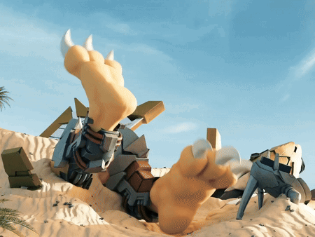 A Statue Of A Monster Laying In The Sand GIF