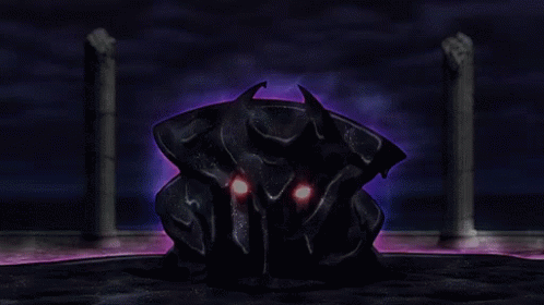 A Statue Of A Monster With Red Eyes Is Surrounded By Columns GIF