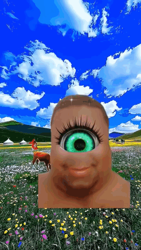 A Statue Of A Person With A Green Eye In A Field GIF