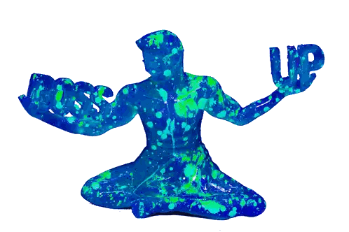 a statue of a person with the word up in their hand