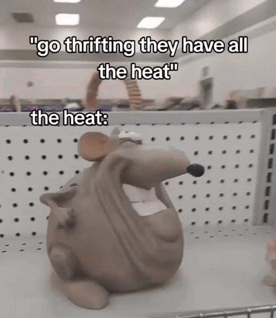 A Statue Of A Rat That Says " Go Thrifting They Have All The Heat " On It GIF