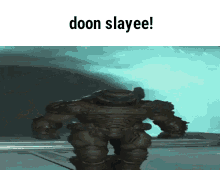 A Statue Of A Robot With The Words Doon Slayee On It GIF