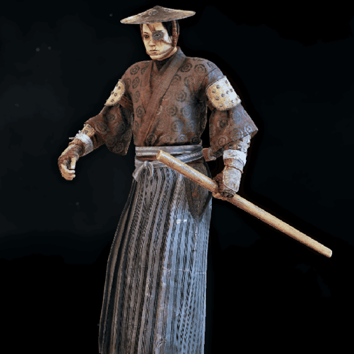 A Statue Of A Samurai With A Sword And A Hat GIF