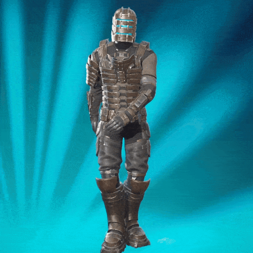 A Statue Of A Soldier With A Helmet On Stands On A Blue Background GIF