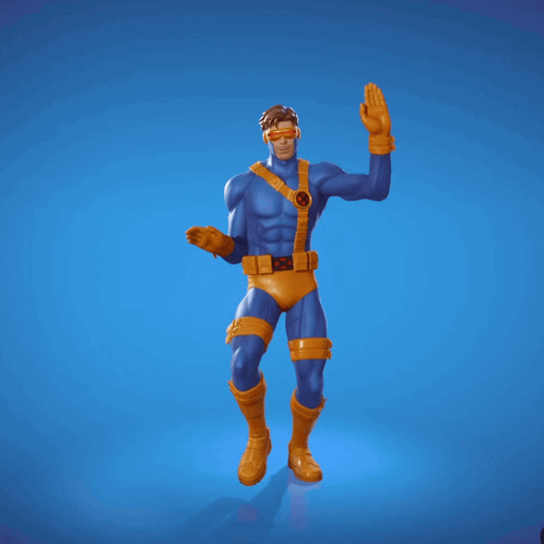 A Statue Of A Superhero With His Arms In The Air On A Blue Background GIF