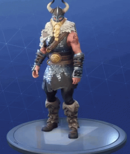 A Statue Of A Viking With Horns And A Beard Is Standing On A Platform . GIF