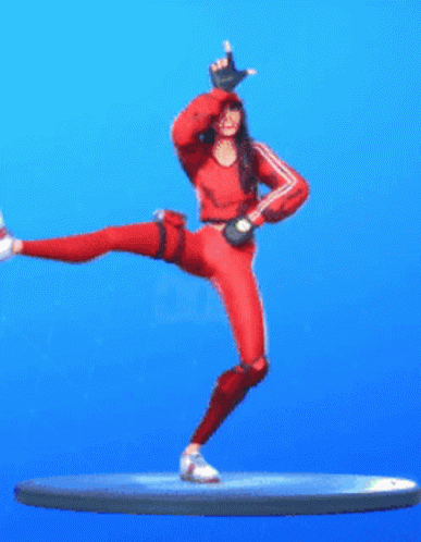 A Statue Of A Woman In A Red Outfit Is Standing On One Leg On A Blue Background . GIF