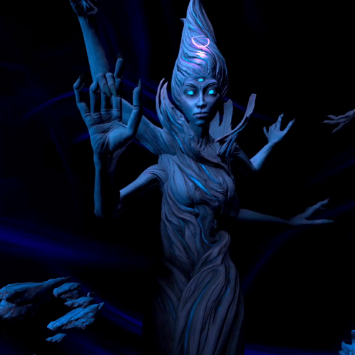 a statue of a woman with blue eyes and a purple hair