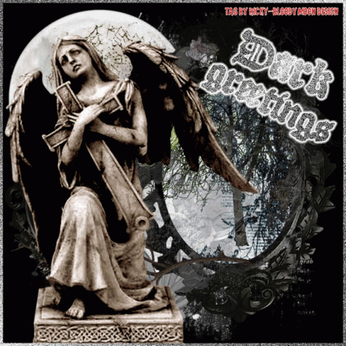 A Statue Of An Angel With The Words " Dark Greetings " On The Bottom GIF