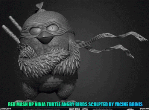 A Statue Of An Angry Bird With The Words Red Mash Up Ninja Turtle Angry Birds Sculpted By Yacine Brinis Above It GIF
