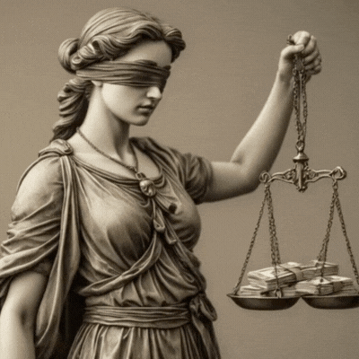 A Statue Of Blindfolded Lady Justice Is Holding A Scale GIF
