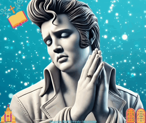 A Statue Of Elvis Presley With His Hands Folded In Prayer With A Church In The Background GIF