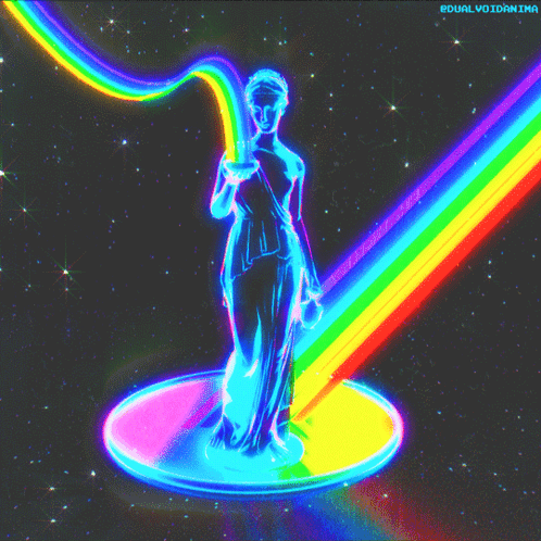 A Statue Of Justice Is Surrounded By A Rainbow And Says Dualvoidanima GIF