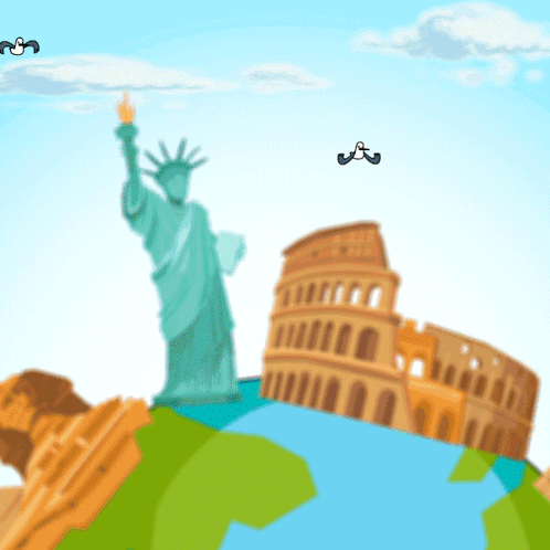 A Statue Of Liberty Sits On Top Of A Globe In Front Of The Colosseum GIF
