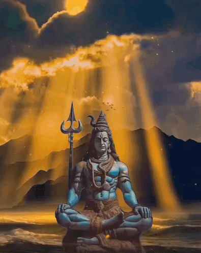A Statue Of Lord Shiva Sitting In A Lotus Position With A Trident GIF