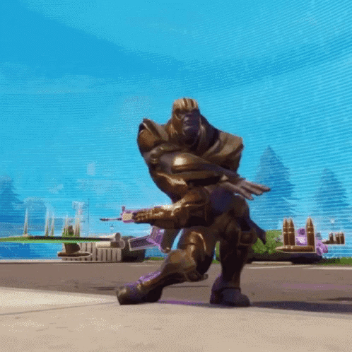A Statue Of Thanos Is Kneeling Down With A Gun GIF