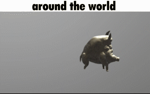 A Statue Of Two Pigs Standing Next To Each Other With The Caption Around The World GIF