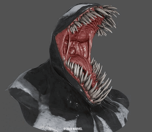 A Statue Of Venom With A Marvel Logo In The Corner GIF