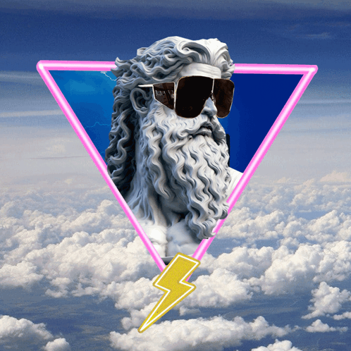 A Statue Of Zeus With Sunglasses And A Lightning Bolt In The Clouds GIF