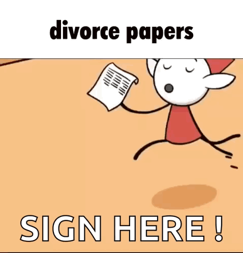 A Stick Figure Is Jumping In The Air While Holding A Piece Of Paper With The Words `` Divorce Papers Sign Here '' . GIF