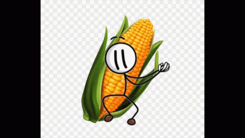 A Stick Figure Is Standing On A Corn Cob With A Face On It . GIF