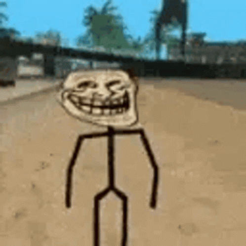 A Stick Figure With A Troll Face On It Is Standing In The Sand . GIF
