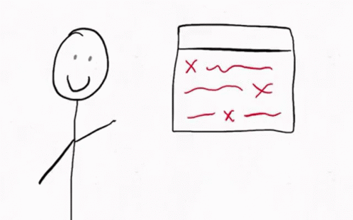 A Stick Figure With An Angry Face Is Pointing At A Piece Of Paper With Red Lines On It GIF