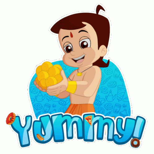 A Sticker Of A Boy Holding A Bunch Of Food And The Word Yummy Below Him GIF