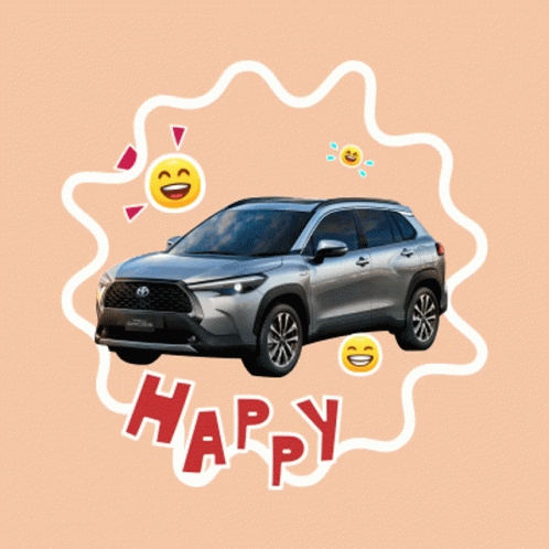 A Sticker Of A Car With Smiley Faces And The Word Happy GIF
