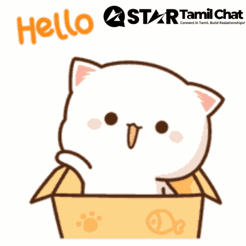 A Sticker Of A Cat In A Box With The Words Hello Star Tamil Chat Below It GIF