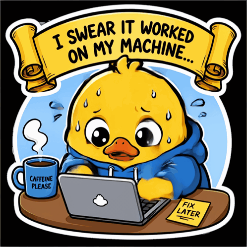 a sticker of a duck sitting at a desk with a laptop and a cup of caffeine