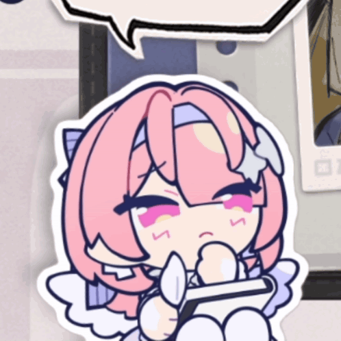A Sticker Of A Girl With Pink Hair And White Gloves Holding A Cell Phone GIF