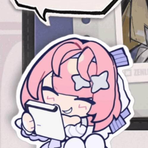 A Sticker Of A Girl With Pink Hair Holding A Cellphone GIF
