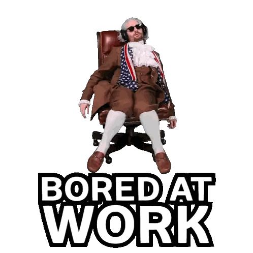 a sticker of a man sitting in a chair with the words bored at work above him