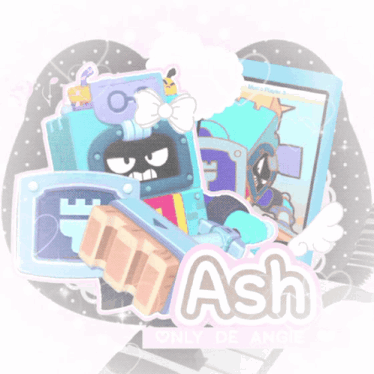 a sticker of a robot with the name ash