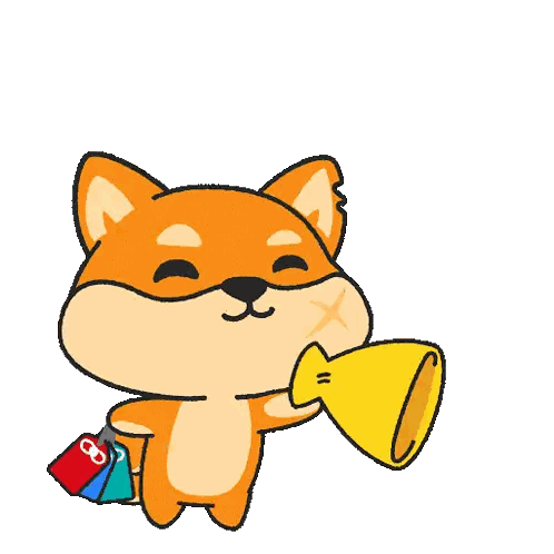 a sticker of a shiba inu holding a fan and a trophy says good luck