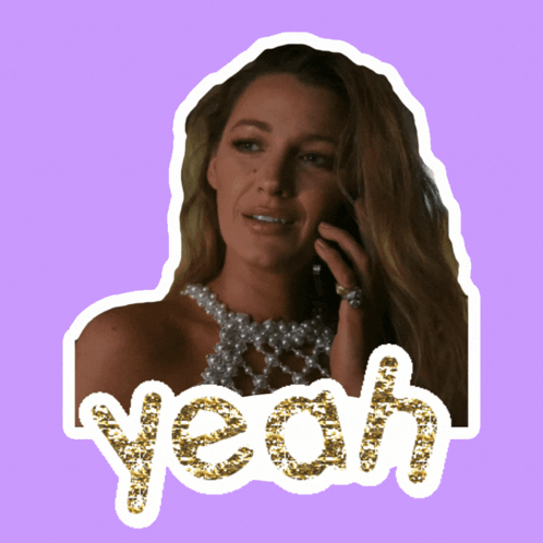 A Sticker Of A Woman Talking On A Cell Phone With The Word Yeah Written In Gold Glitter GIF