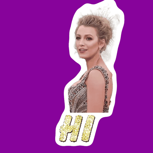 A Sticker Of A Woman With The Word Hi Written In Gold Glitter GIF
