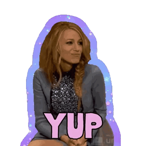 a sticker of a woman with the word yup written on it