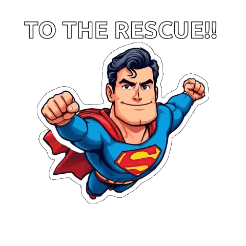 A Sticker Of Superman Flying With The Words To The Rescue Written Below Him GIF