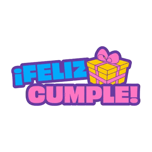 a sticker that says feliz cumple with a pink elephant holding a gift box