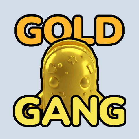 a sticker that says gold gang with a gold object in the background