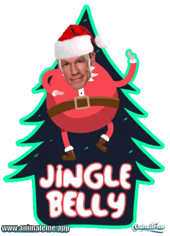 a sticker that says jingle belly with a man in a santa hat