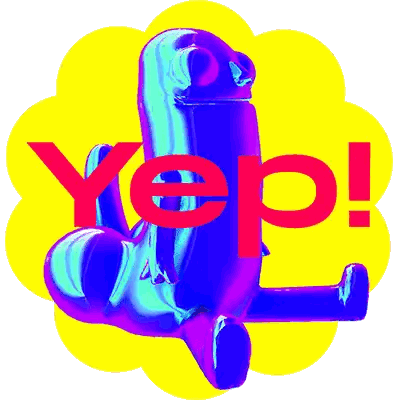 a sticker that says yep on it with a purple object
