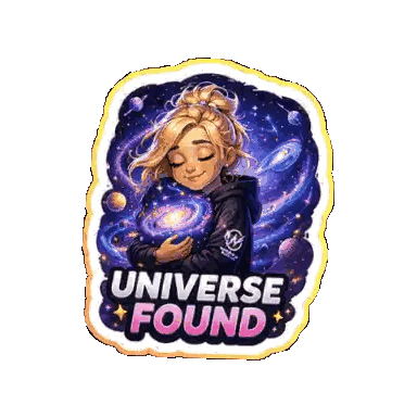 a sticker with a girl hugging a galaxy that says universe found