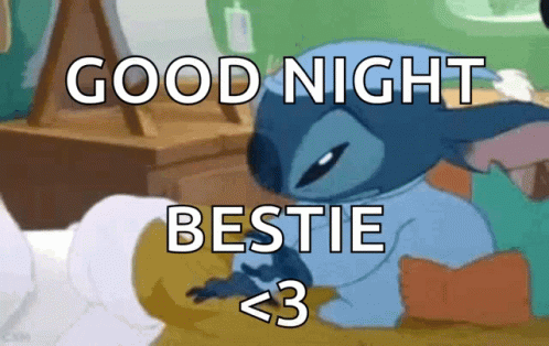 A Stitch Cartoon Character Is Laying On A Bed And Says Good Night Bestie < 3 GIF